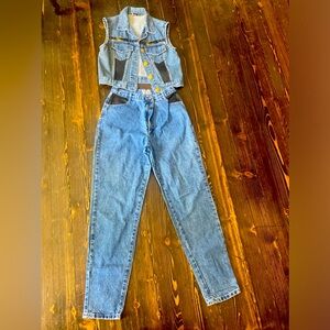 David  Vintage Blue Jean Vest and Jean Outfit  with Black Leather Trim and Gold